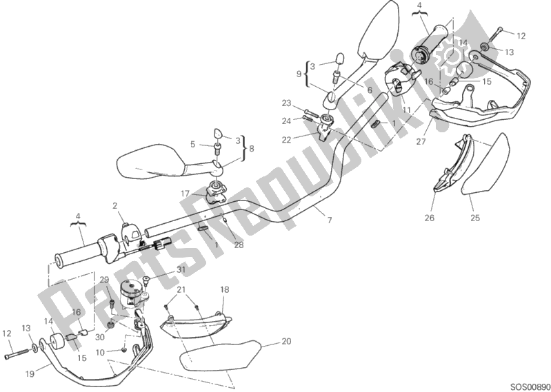 All parts for the Handlebar of the Ducati Multistrada 1260 ABS Brasil 2018